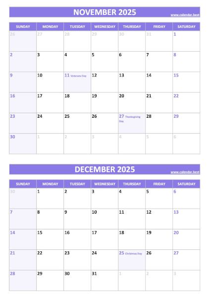 Free printable November and December 2025 calendar with US federal holidays, portrait format, purple template, download as PDF or JPG November and December 2025 calendar with US holidays, A4 portrait, purple template