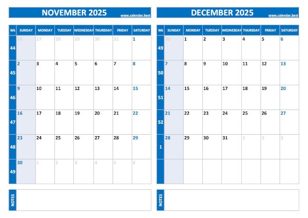 Free printable November and December 2025 calendar with US week layout, landscape format, blue template, download as PDF or JPG November and December 2025 calendar with week numbers, A4 landscape, blue template