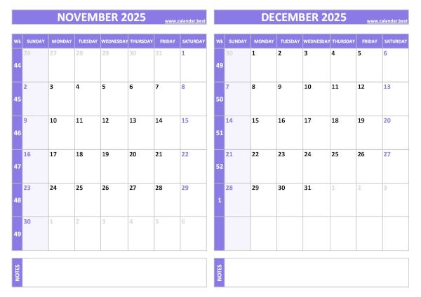 Free printable November and December 2025 calendar with US week layout, landscape format, purple template, download as PDF or JPG November and December 2025 calendar with week numbers, A4 landscape, purple template