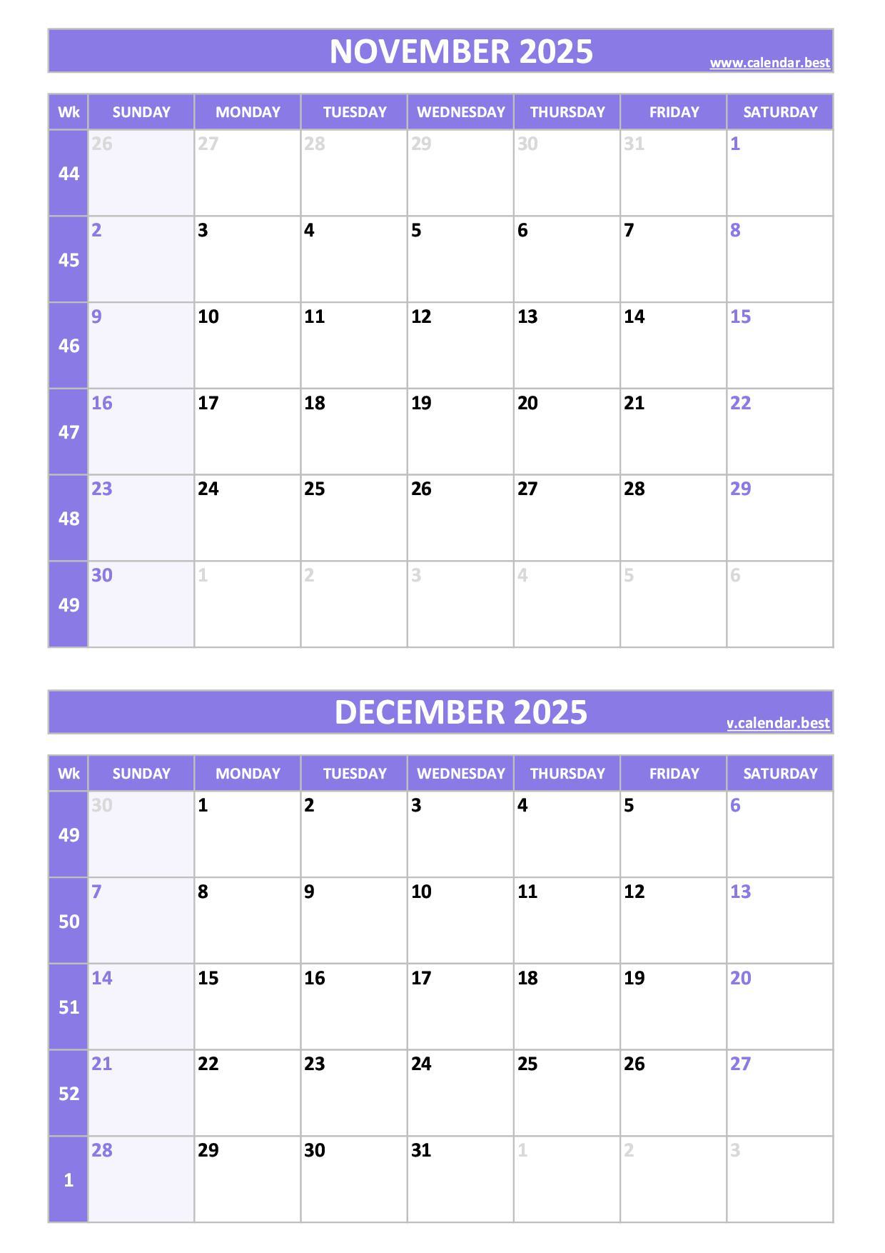 Free printable November and December 2025 calendar with US week layout, portrait format, purple template, download as PDF or JPG November and December 2025 calendar with week numbers, A4 portrait, purple template