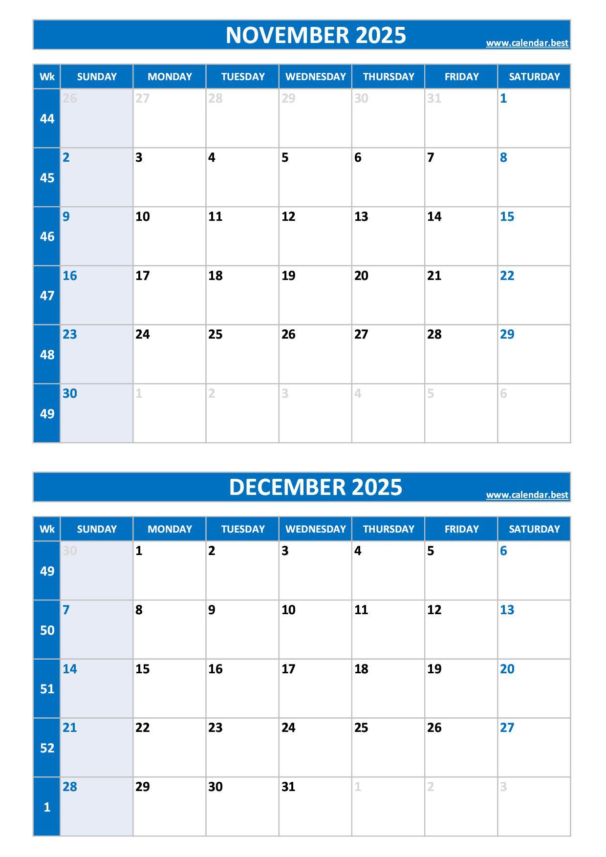 Free printable November and December 2025 calendar with US week layout, portrait format, blue template, download as PDF or JPG November and December 2025 calendar with week numbers, A4 portrait, blue template