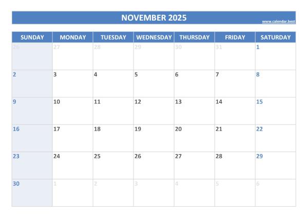 Blank monthly calendar : November 2025