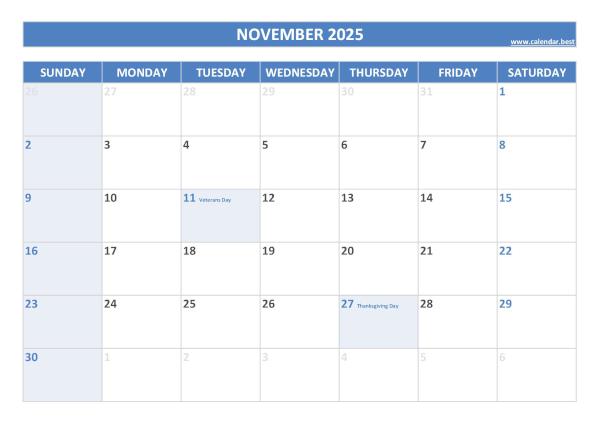 November 2025 calendar with holidays