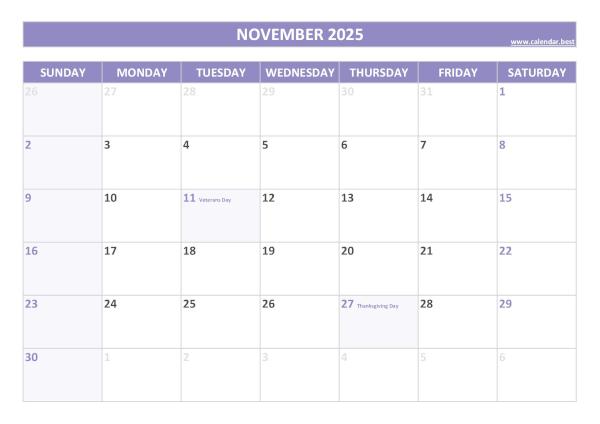 November calendar 2025 with holidays