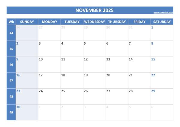 Printable monthly calendar with week numbers, Month of November 2025, blue template November 2025 calendar with weeks