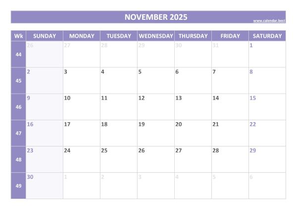 November calendar 2025 with week numbers