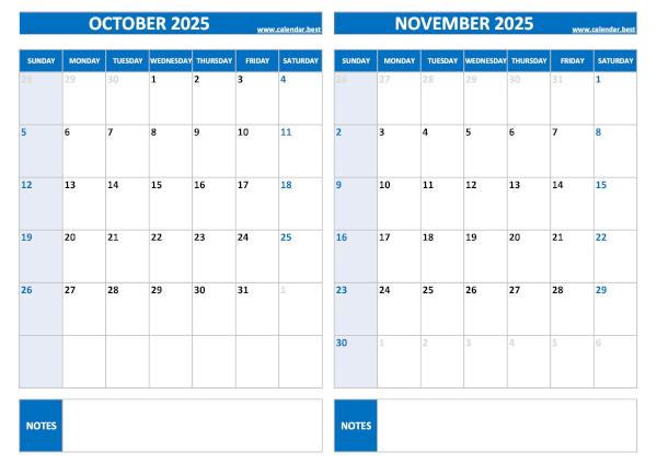 October and November 2025 calendar to print, blank template