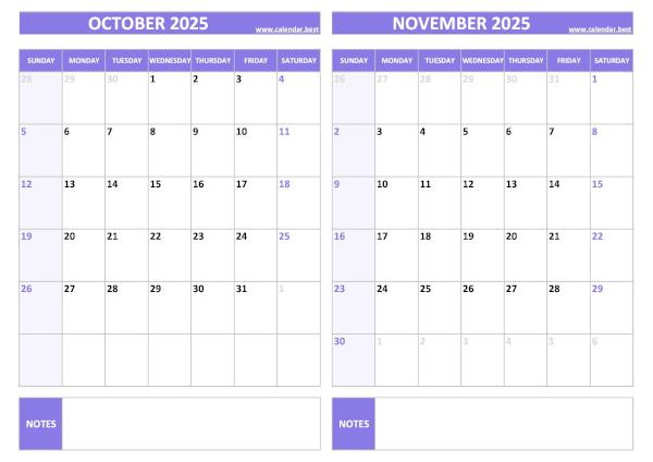 Free printable October and November 2025 blank calendar - landscape format, purple template, download as PDF or JPG October and November 2025 calendar, blank, A4 landscape, purple template