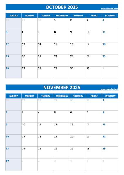 Free printable October and November 2025 blank calendar - portrait format, blue template, download as PDF or JPG October and November 2025 calendar, blank, A4 portrait, blue template