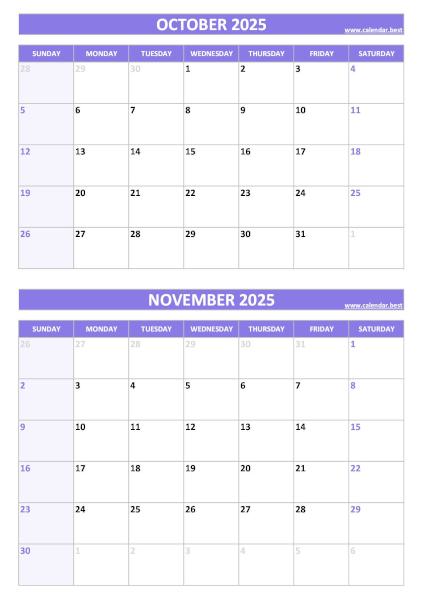 Free printable October and November 2025 blank calendar - portrait format, purple template, download as PDF or JPG October and November 2025 calendar, blank, A4 portrait, purple template
