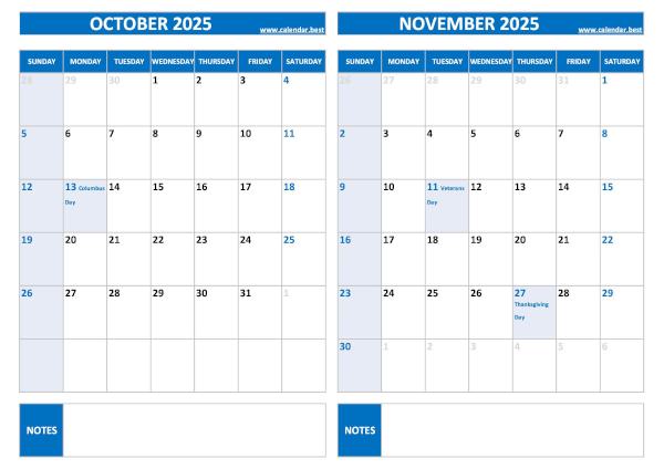 Free printable October and November 2025 calendar with US federal holidays, landscape format, blue template, download as PDF or JPG October and November 2025 calendar with US holidays, A4 landscape, blue template