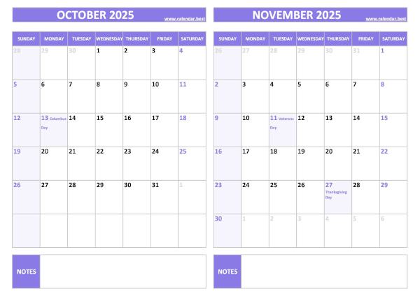 Free printable October and November 2025 calendar with US federal holidays, landscape format, purple template, download as PDF or JPG October and November 2025 calendar with US holidays, A4 landscape, purple template