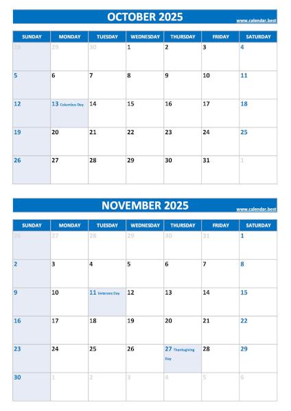 Free printable October and November 2025 calendar with US federal holidays, portrait format, blue template, download as PDF or JPG October and November 2025 calendar with US holidays, A4 portrait, blue template