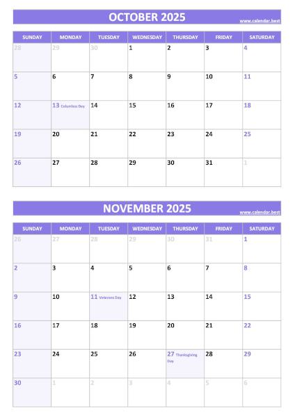 Free printable October and November 2025 calendar with US federal holidays, portrait format, purple template, download as PDF or JPG October and November 2025 calendar with US holidays, A4 portrait, purple template