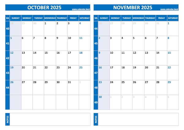 Free printable October and November 2025 calendar with US week layout, landscape format, blue template, download as PDF or JPG October and November 2025 calendar with week numbers, A4 landscape, blue template