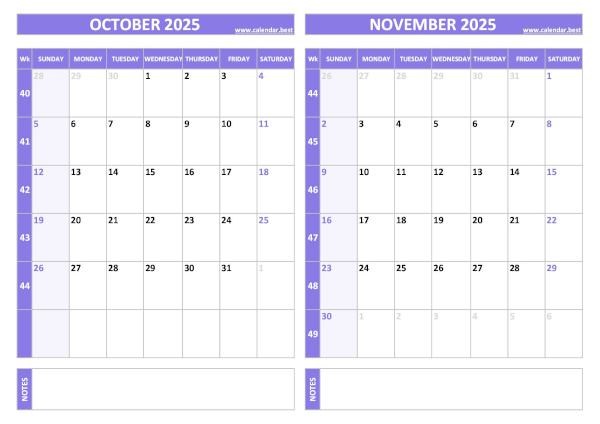 Free printable October and November 2025 calendar with US week layout, landscape format, purple template, download as PDF or JPG October and November 2025 calendar with week numbers, A4 landscape, purple template
