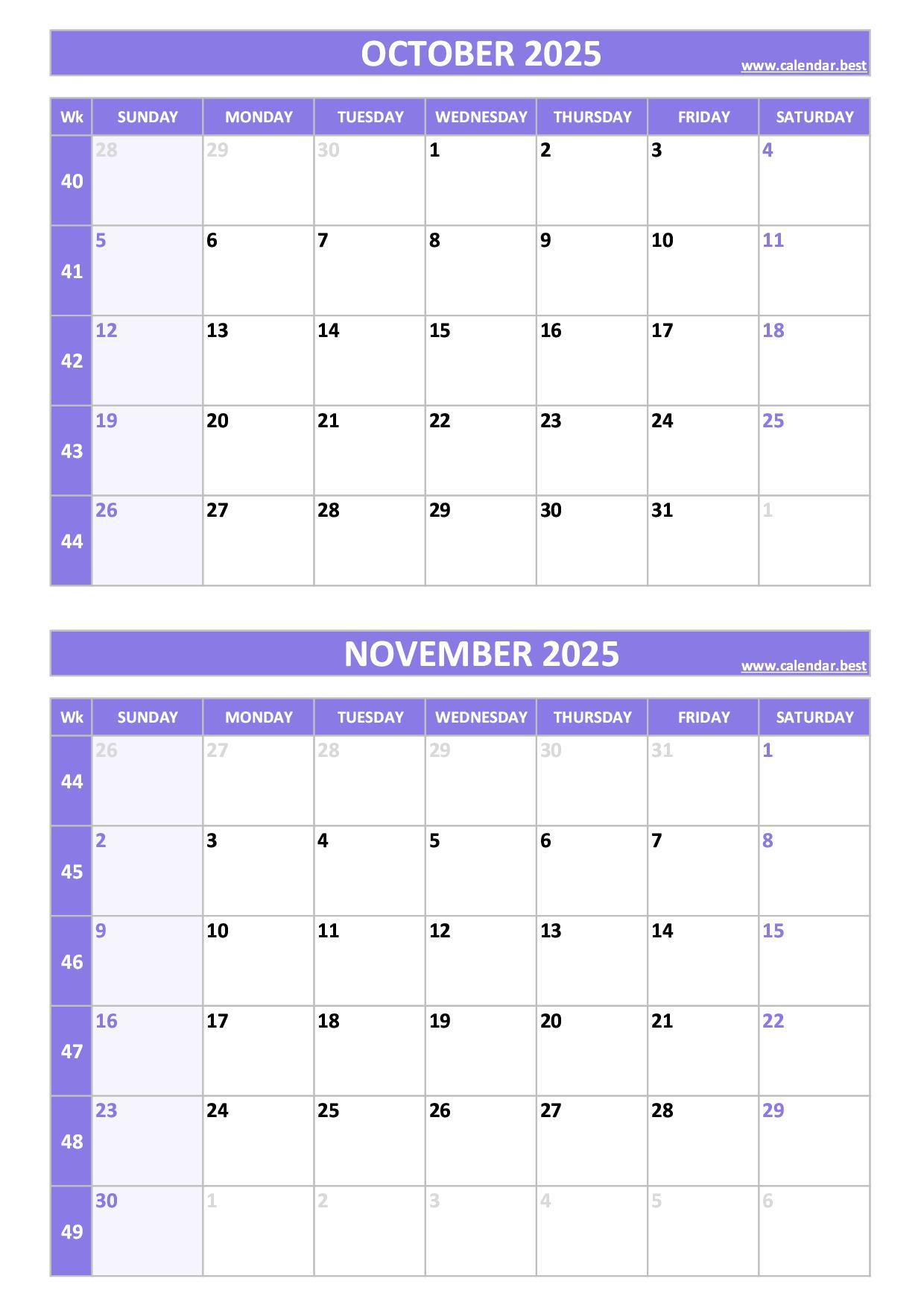 Free printable October and November 2025 calendar with US week layout, portrait format, purple template, download as PDF or JPG October and November 2025 calendar with week numbers, A4 portrait, purple template