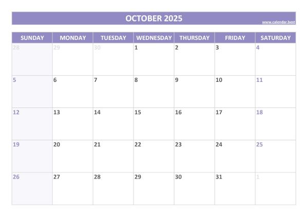 Blank monthly calendar : October 2025