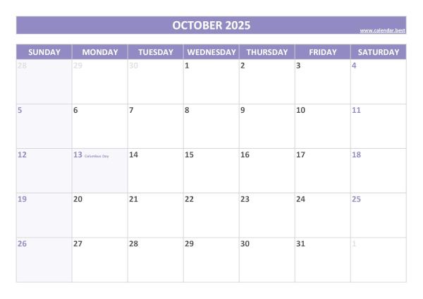 October 2025 calendar with holidays