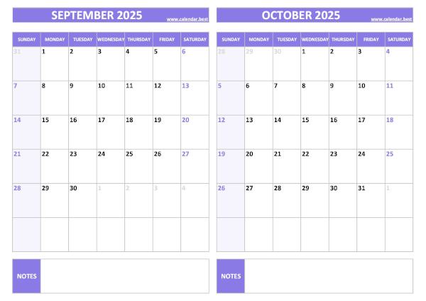 Free printable September and October 2025 blank calendar - landscape format, purple template, download as PDF or JPG September and October 2025 calendar, blank, A4 landscape, purple template
