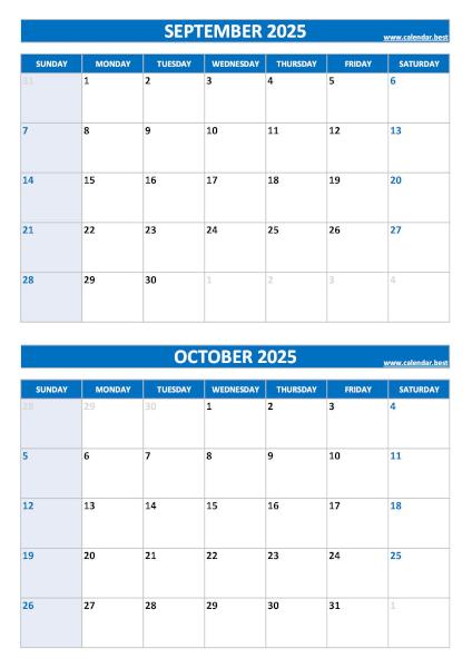 Free printable September and October 2025 blank calendar - portrait format, blue template, download as PDF or JPG September and October 2025 calendar, blank, A4 portrait, blue template