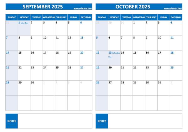 Free printable September and October 2025 calendar with US federal holidays, landscape format, blue template, download as PDF or JPG September and October 2025 calendar with US holidays, A4 landscape, blue template