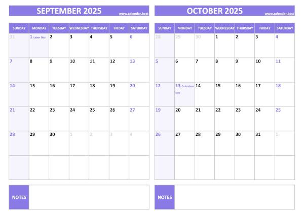 Free printable September and October 2025 calendar with US federal holidays, landscape format, purple template, download as PDF or JPG September and October 2025 calendar with US holidays, A4 landscape, purple template