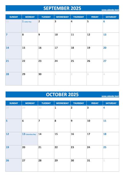 Free printable September and October 2025 calendar with US federal holidays, portrait format, blue template, download as PDF or JPG September and October 2025 calendar with US holidays, A4 portrait, blue template