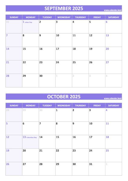 Free printable September and October 2025 calendar with US federal holidays, portrait format, purple template, download as PDF or JPG September and October 2025 calendar with US holidays, A4 portrait, purple template