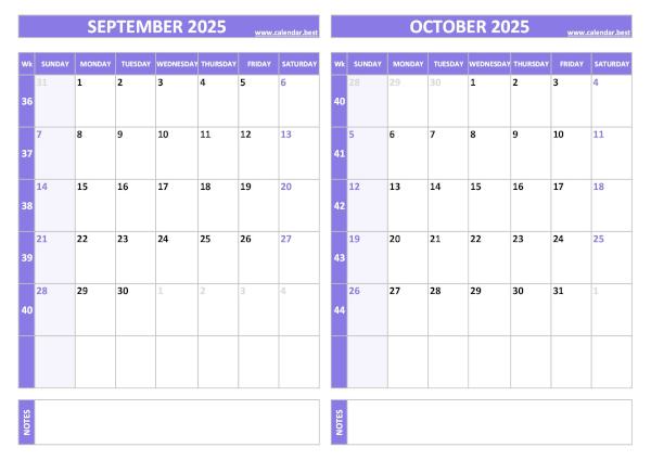 Free printable September and October 2025 calendar with US week layout, landscape format, purple template, download as PDF or JPG September and October 2025 calendar with week numbers, A4 landscape, purple template