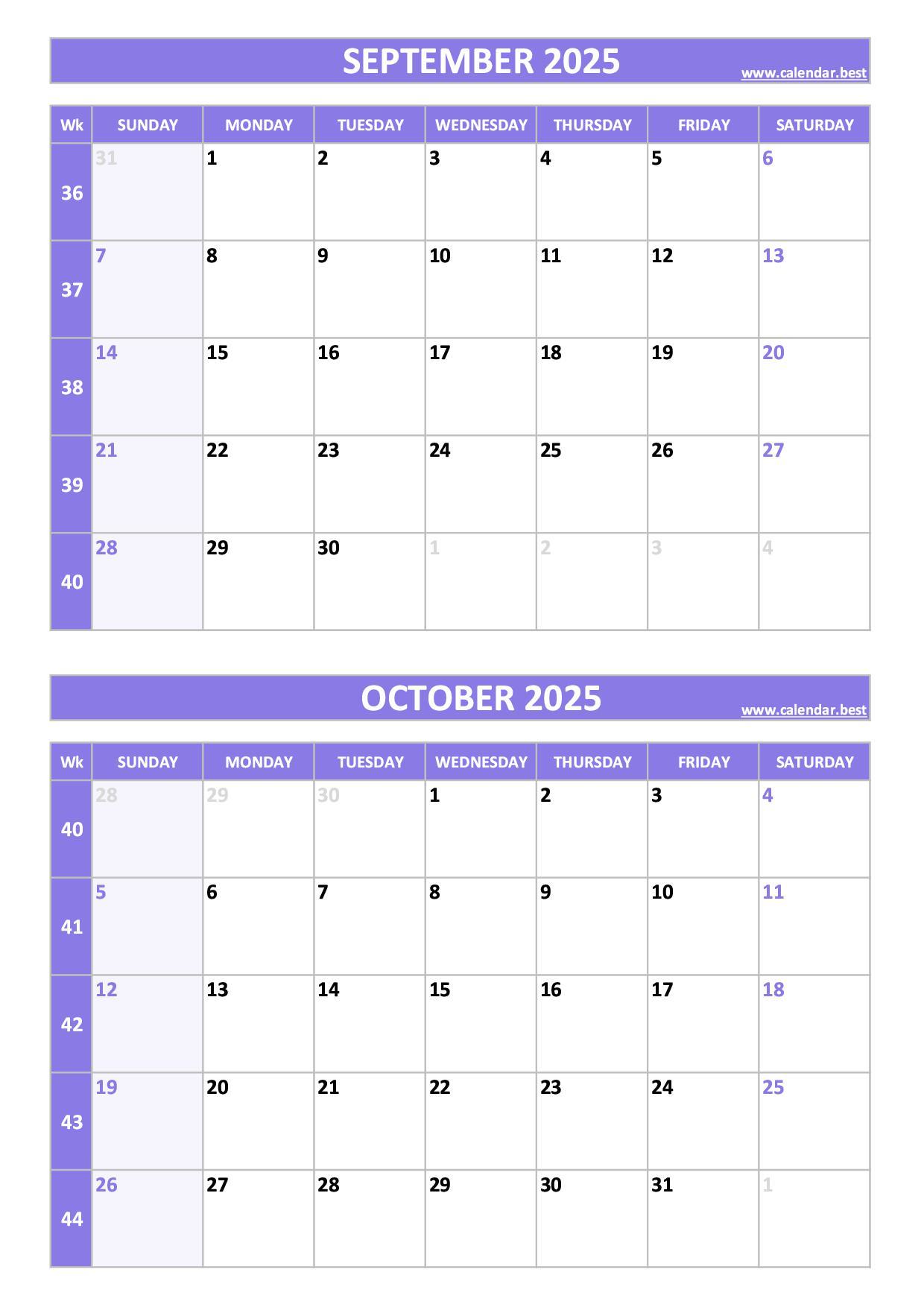 Free printable September and October 2025 calendar with US week layout, portrait format, purple template, download as PDF or JPG September and October 2025 calendar with week numbers, A4 portrait, purple template