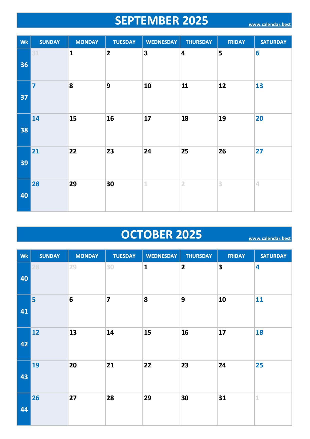 Free printable September and October 2025 calendar with US week layout, portrait format, blue template, download as PDF or JPG September and October 2025 calendar with week numbers, A4 portrait, blue template