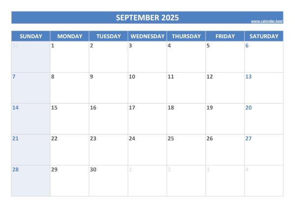 Blank monthly calendar : September 2025