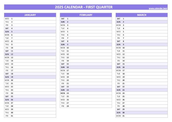 Blank calendar for first quarter 2025