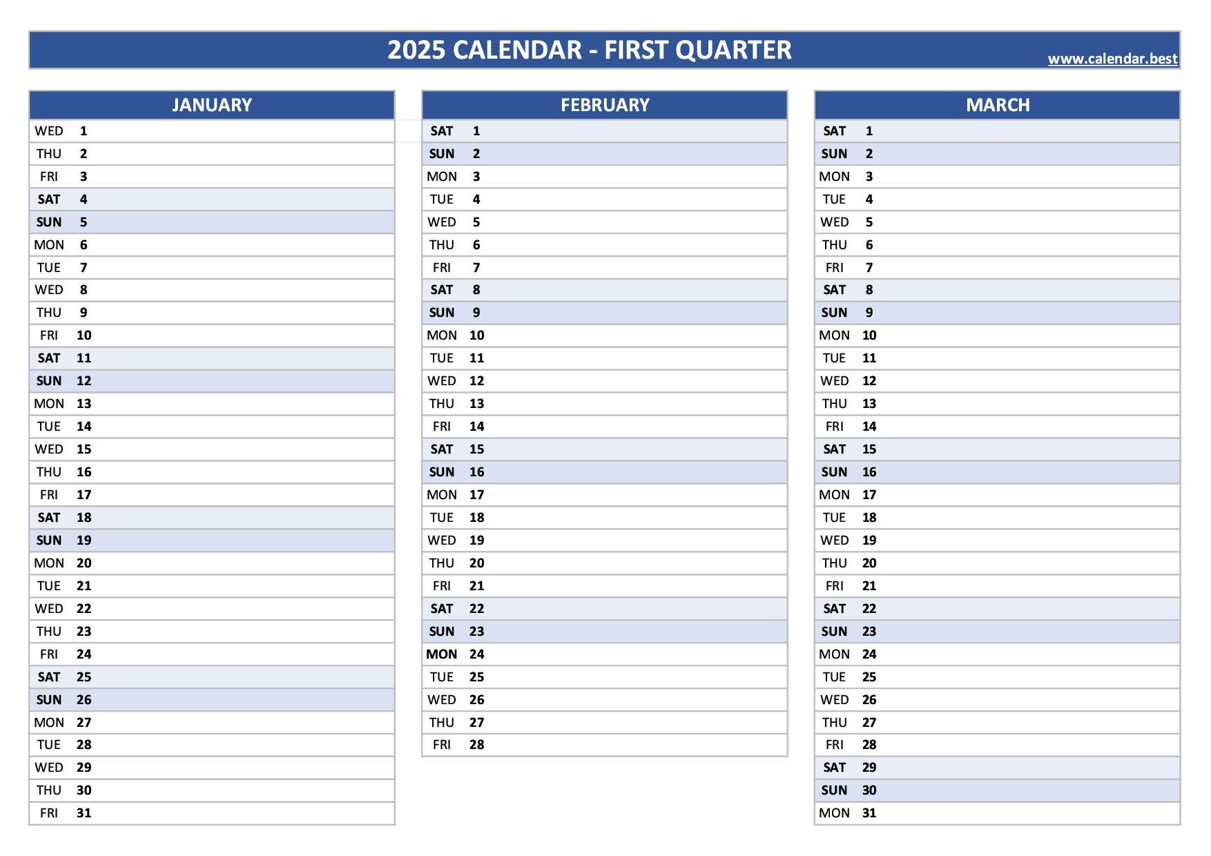 Printable 1st quarter 2025 calendar