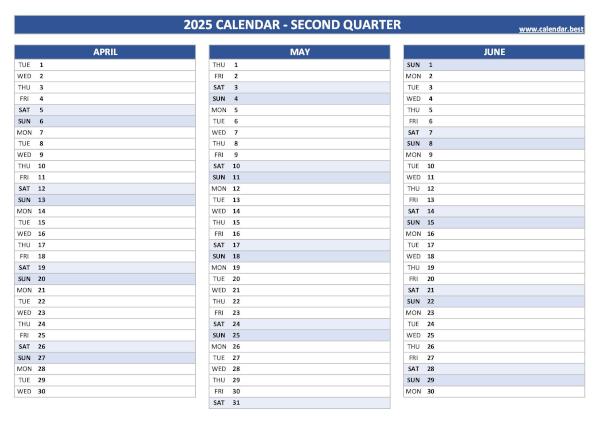 Blank calendar for second quarter 2025
