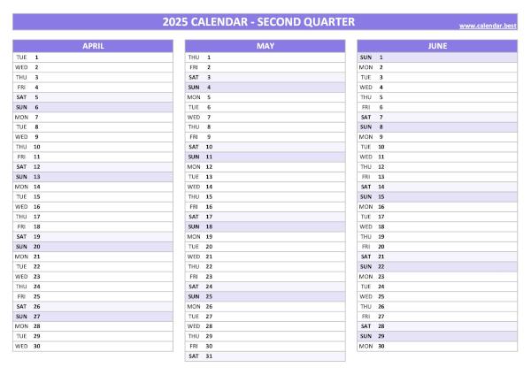 Blank calendar for second quarter 2025