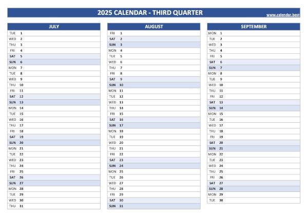 Blank calendar for third quarter 2025