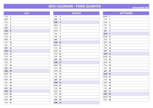 Blank calendar for third quarter 2025