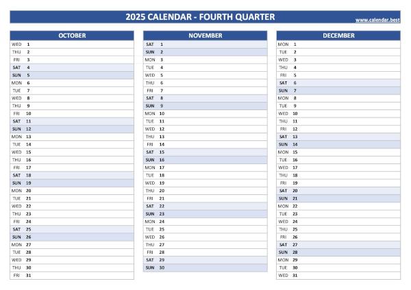 Blank calendar for fourth quarter 2025