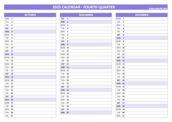 Blank calendar for fourth quarter 2025