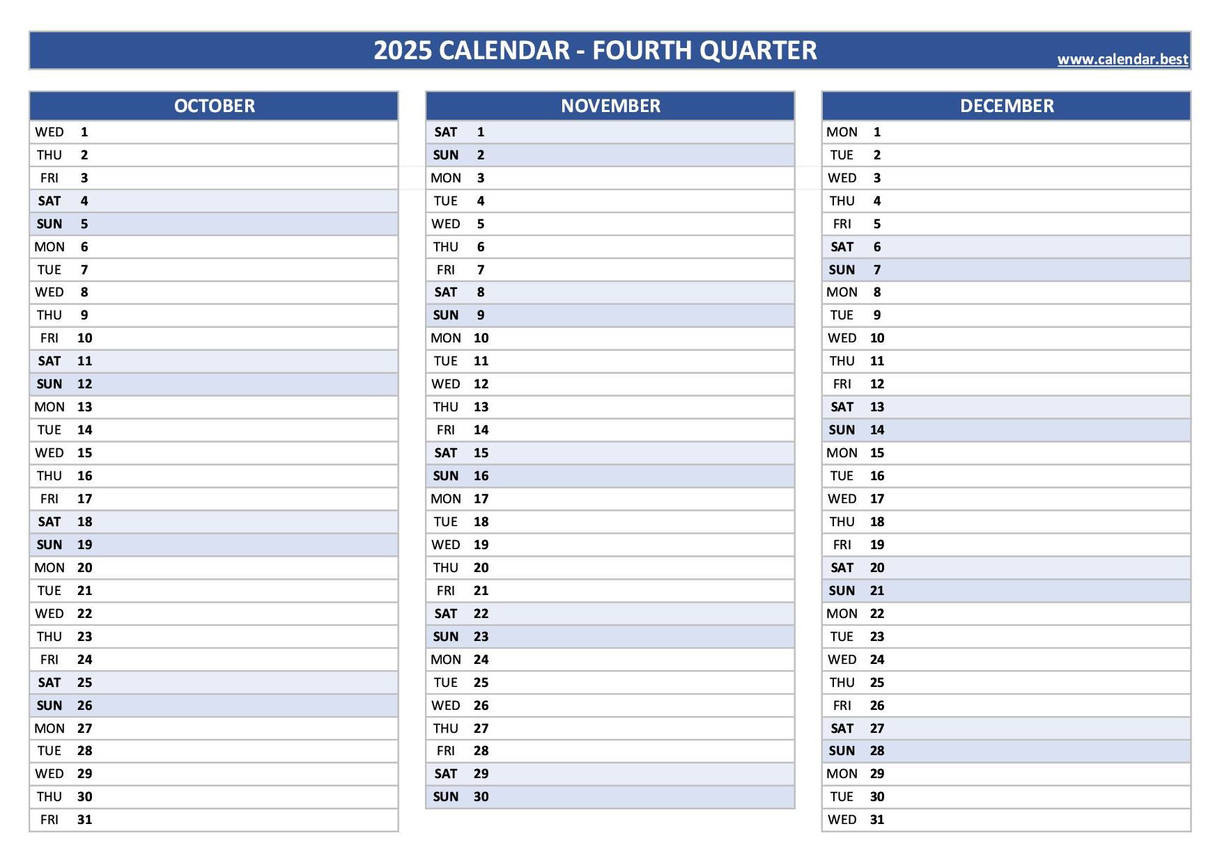 Printable 4th quarter 2025 calendar