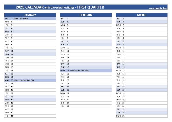 Printable 1st quarter 2025 calendar with public holidays, blue template Calendar for the first quarter of 2025 with public holidays