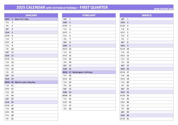 Printable 1st quarter 2025 calendar with public holidays, purple template Calendar for the first quarter of 2025 with public holidays