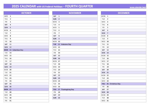 Calendar for the fourth quarter of 2025 with public holidays