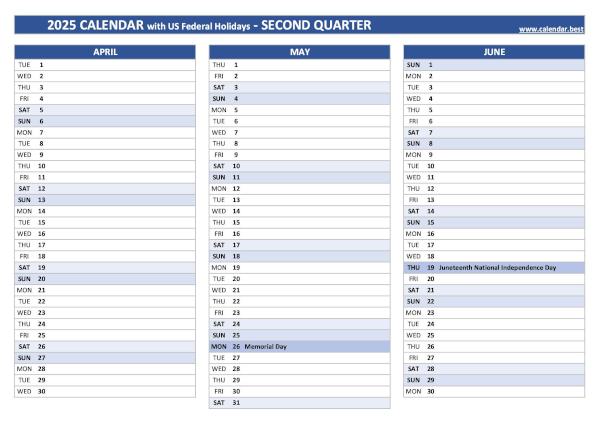 Printable 2nd quarter 2025 calendar with public holidays, blue template Calendar for the second quarter of 2025 with public holidays