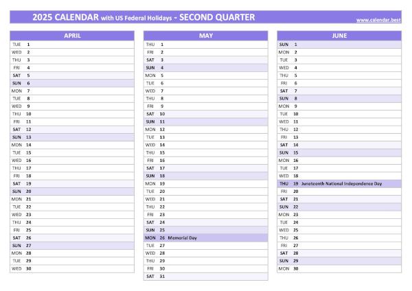 Printable 2nd quarter 2025 calendar with public holidays, purple template Calendar for the second quarter of 2025 with public holidays