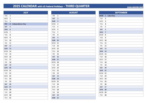 Calendar for the third quarter of 2025 with public holidays