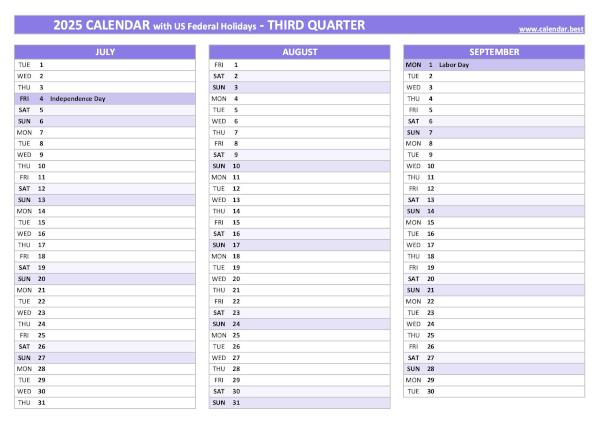 Calendar for the third quarter of 2025 with public holidays