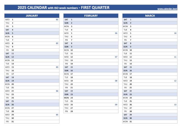 Printable 1st quarter 2025 calendar with iso week numbers, blue template Calendar for the first quarter of 2025 with iso week numbers